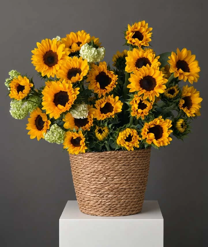 Canasta floral premium con abundantes girasoles amarillos, flores blancas y follaje verde en elegante base de fibra natural.