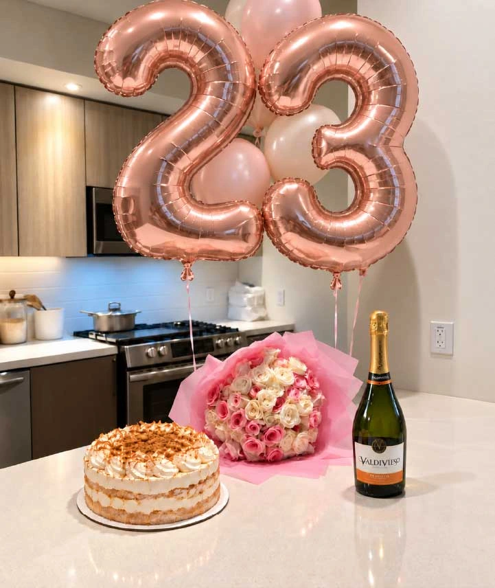 Set de cumpleaños con ramo de rosas rosadas y blancas, pastel, vino espumoso y globos numéricos personalizados.