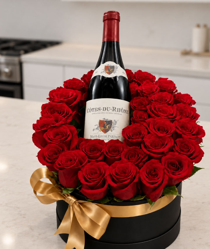 Caja premium de 36 rosas rojas con botella de vino en elegante caja negra decorada con lazo dorado.