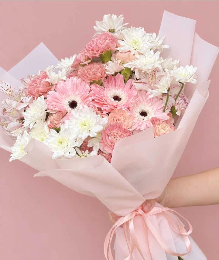 ramo-dulce-primavera-en-rosa-y-blanco Ramo Dulce Primavera con gerberas y claveles rosados, crisantemos blancos y alstroemerias en elegante envoltura rosa pastel.